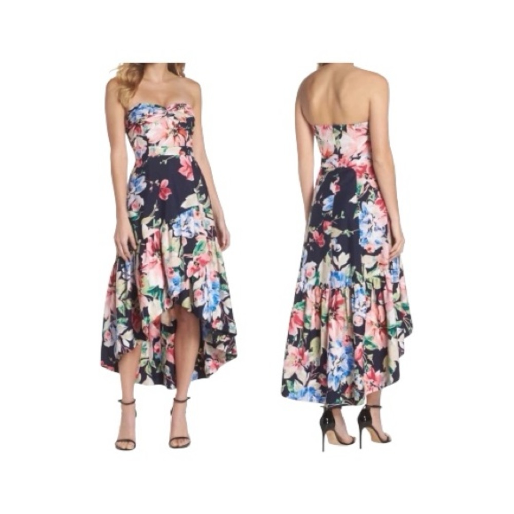 Eliza J  Multicolor Floral Print Strapless Ruffle Trim High-Low Hem Midi Dress 6
